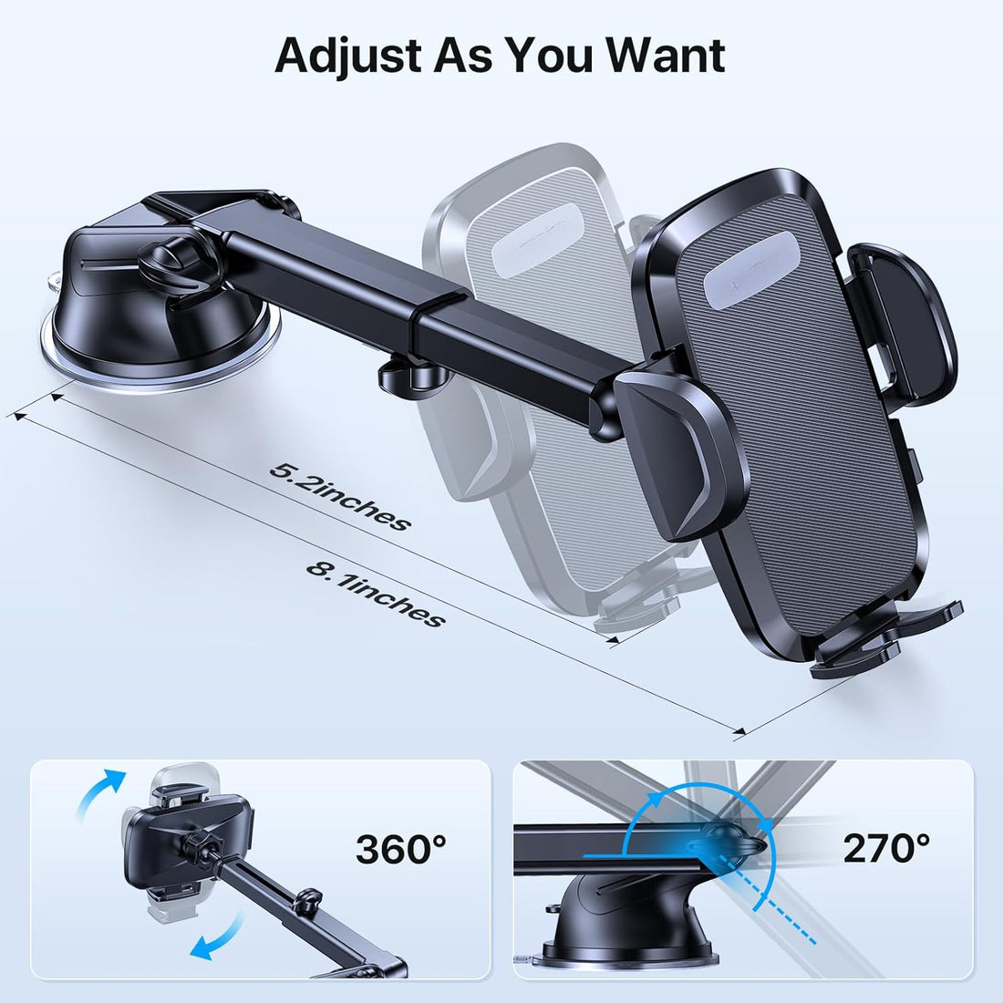 Premium Car Phone Holder, Long Arm Phone Holder Car for Dashboard Windshield Air Vent【Heat-Resistant Strong Suction Cup】Car Mobile Holder Compatible with All Smartphones