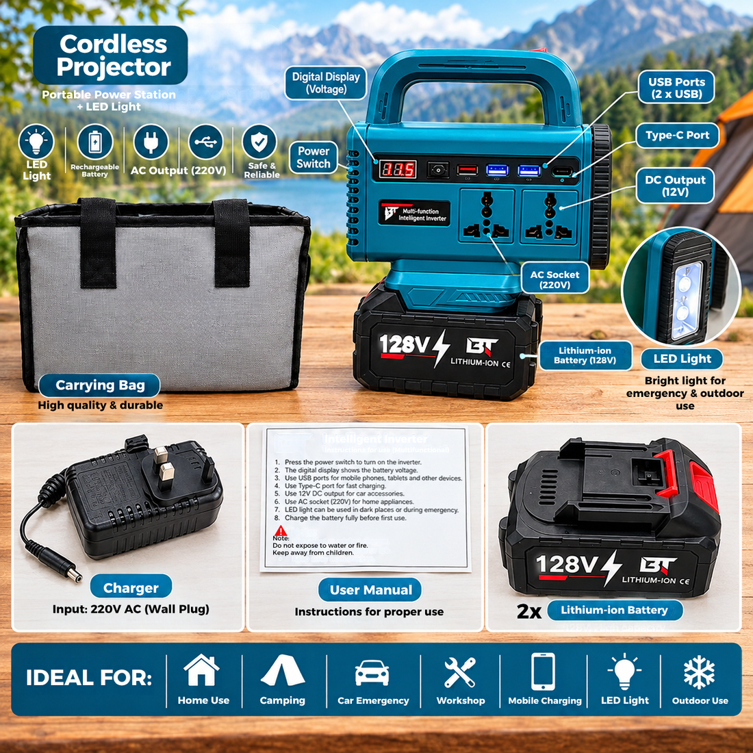 128V Cordless Power Station with 2 Lithium-Ion Batteries