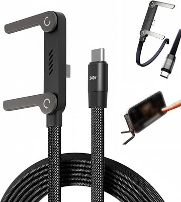 240W Ultra-Fast USB-C Charging Cable with Foldable Stand – 90° Elbow Braided Fast Charge Cable
